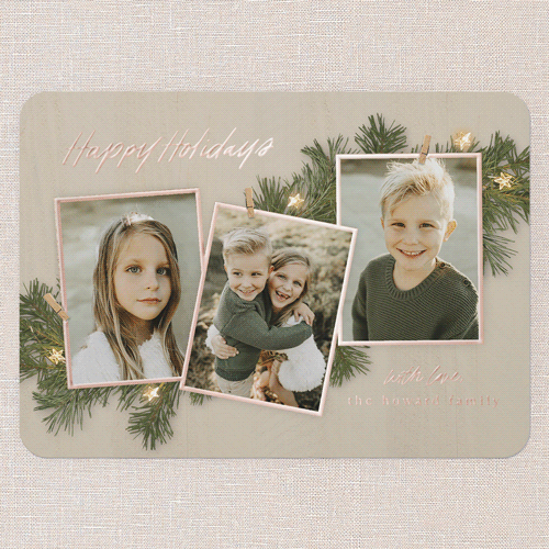 Festive Evergreen Holiday Card, Rose Gold Foil, Beige, 5x7, Holiday, Matte, Personalized Foil Cardstock, Rounded, Sand