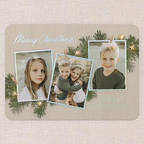 Festive Evergreen Holiday Card, Iridescent Foil, Beige, 5x7, Christmas, Matte, Personalized Foil Cardstock, Rounded, Sand