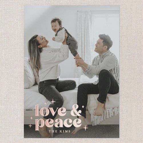 Shimmering Peaceful Love Holiday Card, White, Rose Gold Foil, 5x7, Holiday, Matte, Personalized Foil Cardstock, Square, White