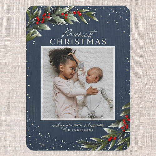 Frosty Foliage Frame Holiday Card, Blue, Gold Foil, 5x7, Christmas, Matte, Personalized Foil Cardstock, Rounded, Nautical