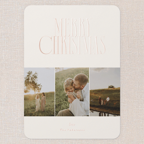 Boldly Bright Holiday Card, Beige, Rose Gold Foil, 5x7, Christmas, Matte, Personalized Foil Cardstock, Rounded, Apricot Mousse
