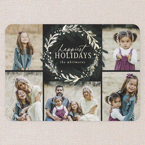 Foil Delight Wreath Holiday Card, Gold Foil, Black, 5x7, Holiday, Matte, Personalized Foil Cardstock, Rounded, Black