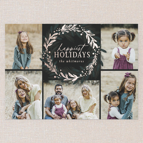 Foil Delight Wreath Holiday Card, Black, Rose Gold Foil, 5x7, Holiday, Matte, Personalized Foil Cardstock, Square, Black