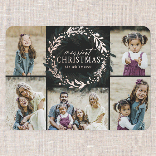 Foil Delight Wreath Holiday Card, Black, Rose Gold Foil, 5x7, Christmas, Matte, Personalized Foil Cardstock, Rounded, Black