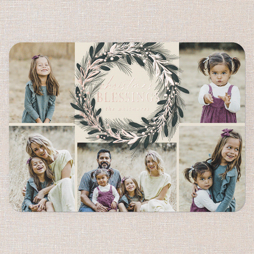 Foil Delight Wreath Holiday Card, Beige, Rose Gold Foil, 5x7, Religious, Matte, Personalized Foil Cardstock, Rounded, Cream