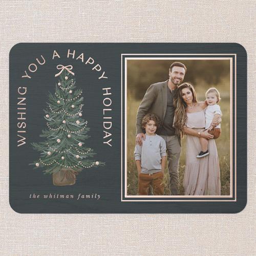 Small Sapling Holiday Card, Blue, Rose Gold Foil, 5x7, Holiday, Matte, Personalized Foil Cardstock, Rounded, Blue