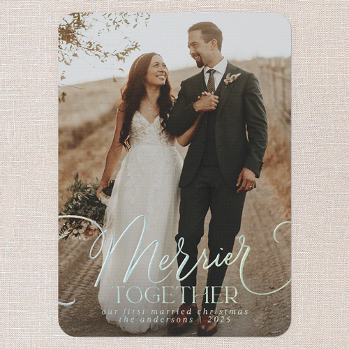 Joyful Whirls Holiday Card, Iridescent Foil, White, 5x7, Christmas, Matte, Personalized Foil Cardstock, Rounded, White