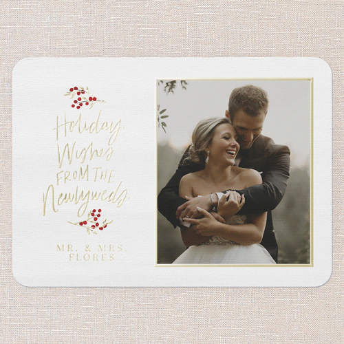 Newlywed Cheer Holiday Card, Gold Foil, White, 5x7, Holiday, Matte, Personalized Foil Cardstock, Rounded, White