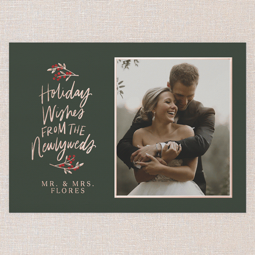 Newlywed Cheer Holiday Card, Green, Rose Gold Foil, 5x7, Holiday, Matte, Personalized Foil Cardstock, Square, Spruce Green