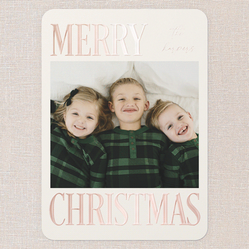 Serene Signature Holiday Card, Rose Gold Foil, Blue, 5x7, Christmas, Matte, Personalized Foil Cardstock, Rounded, Cobalt