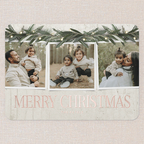 Beaming Laurel Holiday Card, White, Rose Gold Foil, 5x7, Christmas, Matte, Personalized Foil Cardstock, Rounded, White