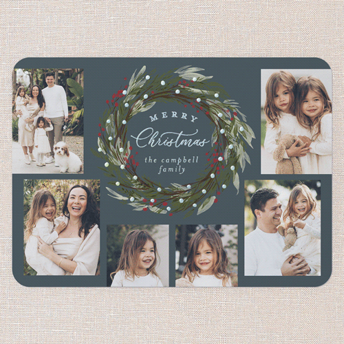 Wreath Wonder Holiday Card, Blue, Iridescent Foil, 5x7, Christmas, Matte, Personalized Foil Cardstock, Rounded, Blue