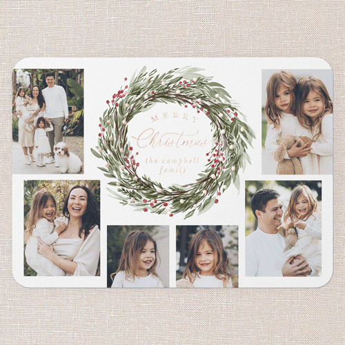 Wreath Wonder Holiday Card, White, Rose Gold Foil, 5x7, Christmas, Matte, Personalized Foil Cardstock, Rounded, White