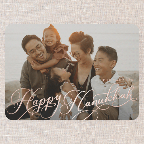 Curly Script Holiday Card, White, Rose Gold Foil, 5x7, Hanukkah, Matte, Personalized Foil Cardstock, Rounded, White