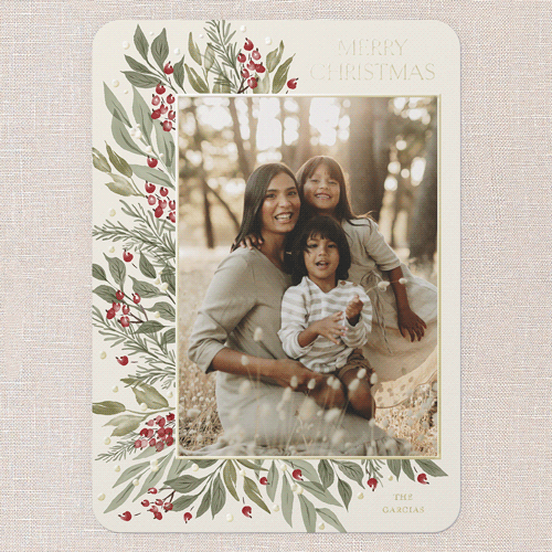 Traditional Berries Holiday Card, Beige, Gold Foil, 5x7, Christmas, Matte, Personalized Foil Cardstock, Rounded, Cream