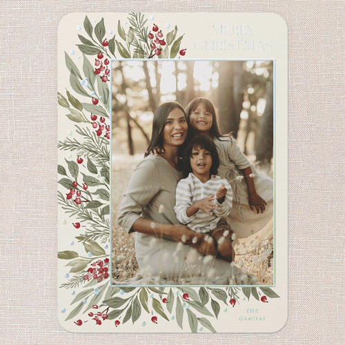 Traditional Berries Holiday Card, Beige, Iridescent Foil, 5x7, Christmas, Matte, Personalized Foil Cardstock, Rounded, Cream