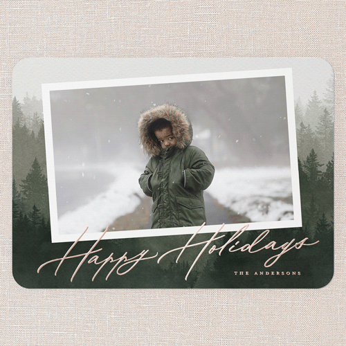 Scripted Forest Holiday Card, Rose Gold Foil, Green, 5x7, Holiday, Matte, Personalized Foil Cardstock, Rounded, Pine Grove