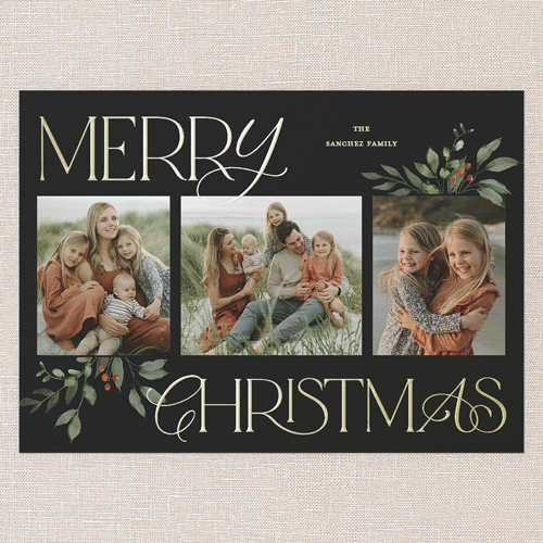 Hint Of Green Holiday Card, Black, Gold Foil, 5x7, Christmas, Matte, Personalized Foil Cardstock, Square, Rich Black