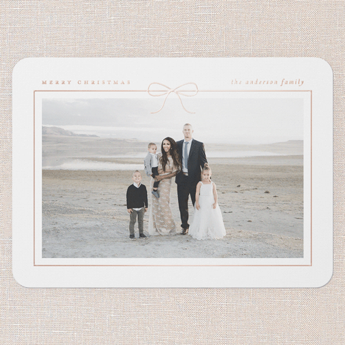 Radiant Bow Holiday Card, Rose Gold Foil, White, 5x7, Christmas, Matte, Personalized Foil Cardstock, Rounded, White