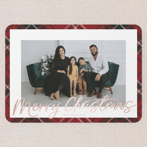 Lustrous Plaid Holiday Card, Rose Gold Foil, Red, 5x7, Christmas, Matte, Personalized Foil Cardstock, Rounded, Red