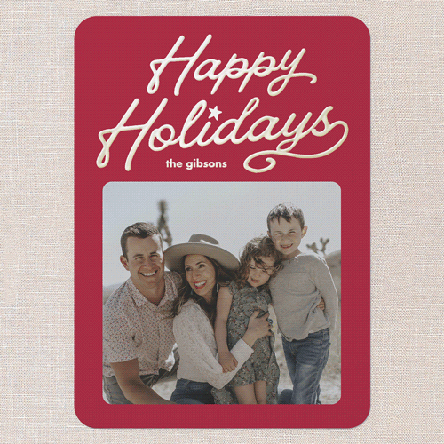 Vintage Script Holiday Card, Red, Gold Foil, 5x7, Holiday, Matte, Personalized Foil Cardstock, Rounded, Red