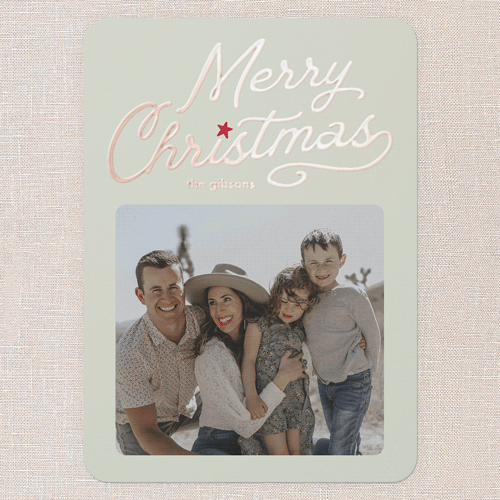 Vintage Script Holiday Card, Rose Gold Foil, Green, 5x7, Christmas, Matte, Personalized Foil Cardstock, Rounded, Mint