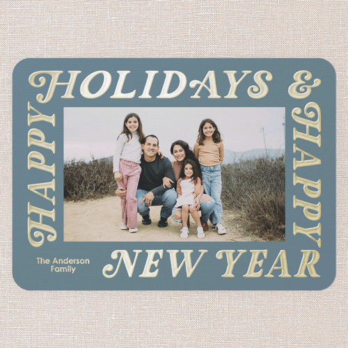 Wrap Around Holiday Card, Blue, Gold Foil, 5x7, Holiday, Matte, Personalized Foil Cardstock, Rounded, Blue