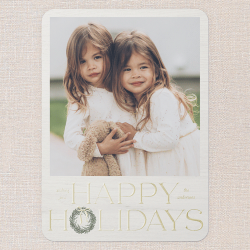 Wreath Wanderlust Holiday Card, White, Gold Foil, 5x7, Holiday, Matte, Personalized Foil Cardstock, Rounded, White