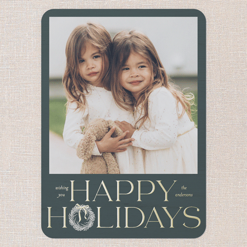 Wreath Wanderlust Holiday Card, Gold Foil, Blue, 5x7, Holiday, Matte, Personalized Foil Cardstock, Rounded, Blue