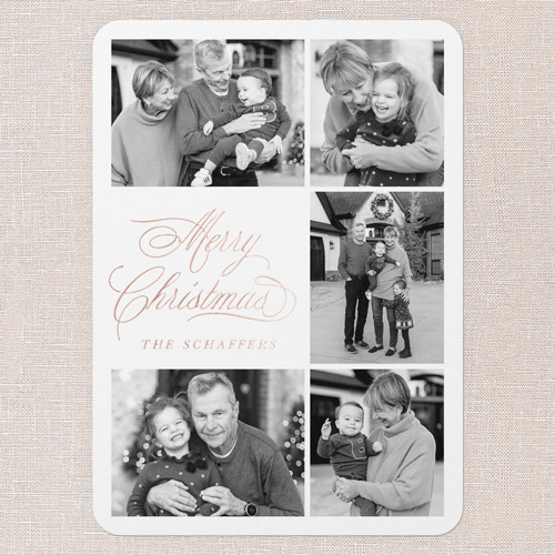 Golden Script Elegance Holiday Card, White, Rose Gold Foil, 5x7, Christmas, Matte, Personalized Foil Cardstock, Rounded, White