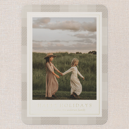 Plaid Border Wishes Holiday Card, Beige, Gold Foil, 5x7, Holiday, Matte, Personalized Foil Cardstock, Rounded, Cream