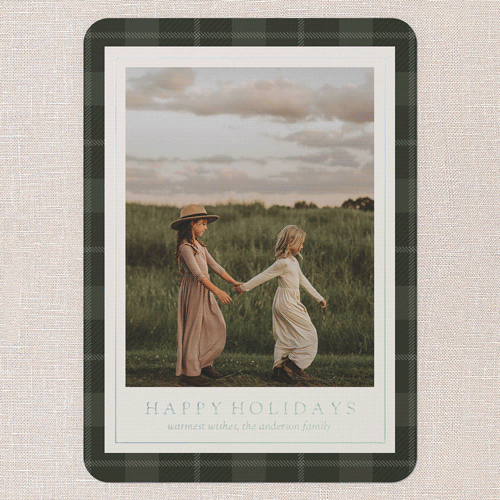 Plaid Border Wishes Holiday Card, Green, Iridescent Foil, 5x7, Holiday, Matte, Personalized Foil Cardstock, Rounded, Tree