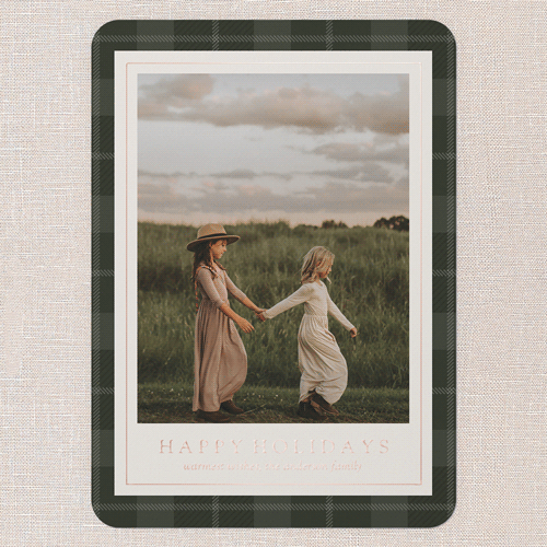 Plaid Border Wishes Holiday Card, Green, Rose Gold Foil, 5x7, Holiday, Matte, Personalized Foil Cardstock, Rounded, Tree