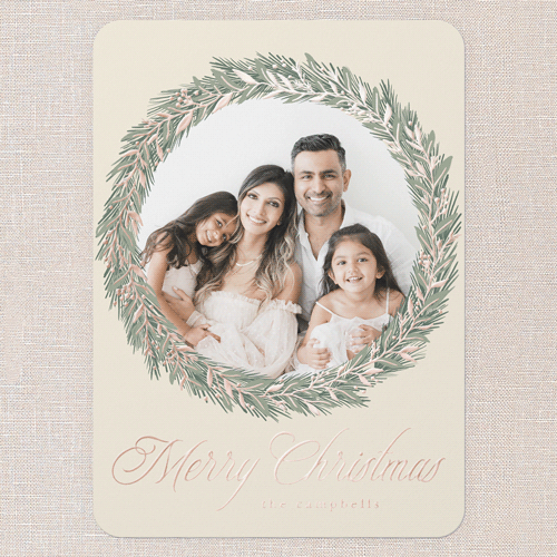 Timeless Wreath Holiday Card, Rose Gold Foil, White, 5x7, Christmas, Matte, Personalized Foil Cardstock, Rounded, Almond