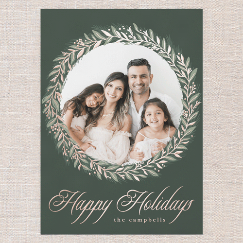 Timeless Wreath Holiday Card, Green, Rose Gold Foil, 5x7, Holiday, Matte, Personalized Foil Cardstock, Square, Tree
