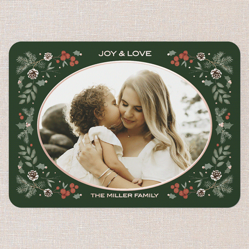 Evergreen Embrace Holiday Card, Green, Rose Gold Foil, 5x7, Holiday, Matte, Personalized Foil Cardstock, Rounded, Spruce Green