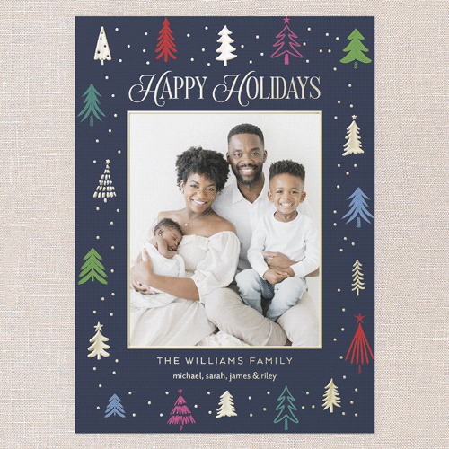 Festive Tree Border Holiday Card, Blue, Gold Foil, 5x7, Holiday, Matte, Personalized Foil Cardstock, Square, Nautical