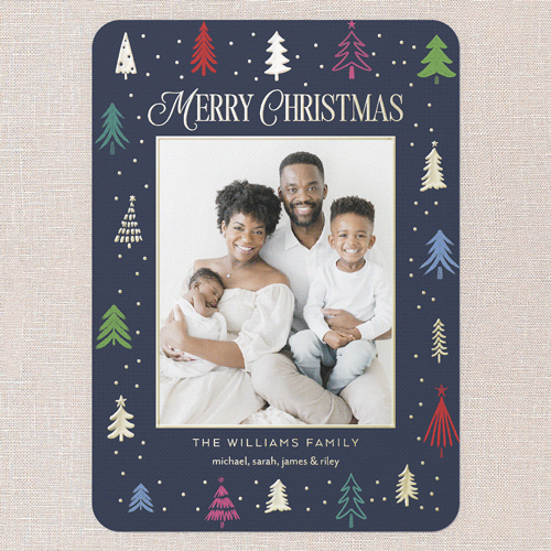 Festive Tree Border Holiday Card, Gold Foil, Blue, 5x7, Christmas, Matte, Personalized Foil Cardstock, Rounded, Nautical