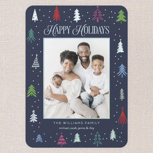 Festive Tree Border Holiday Card, Iridescent Foil, Blue, 5x7, Holiday, Matte, Personalized Foil Cardstock, Rounded, Nautical
