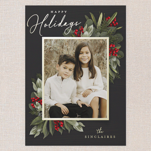 Golden Botanical Holiday Card, Black, Gold Foil, 5x7, Holiday, Matte, Personalized Foil Cardstock, Square, Black