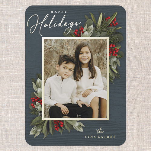 Golden Botanical Holiday Card, Blue, Gold Foil, 5x7, Holiday, Matte, Personalized Foil Cardstock, Rounded, Blue