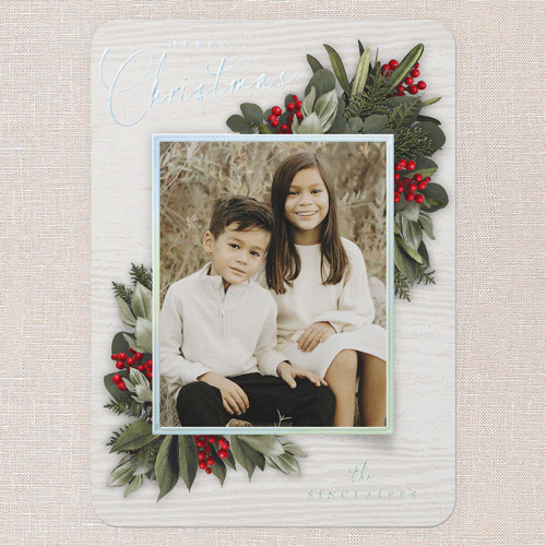 Golden Botanical Holiday Card, White, Iridescent Foil, 5x7, Christmas, Matte, Personalized Foil Cardstock, Rounded, White