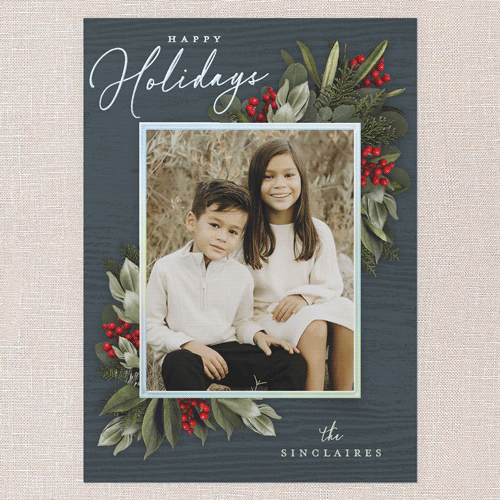 Golden Botanical Holiday Card, Blue, Iridescent Foil, 5x7, Holiday, Matte, Personalized Foil Cardstock, Square, Blue