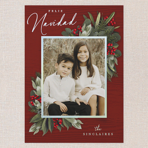 Golden Botanical Holiday Card, Iridescent Foil, Red, 5x7, Feliz Navidad, Matte, Personalized Foil Cardstock, Square, Red