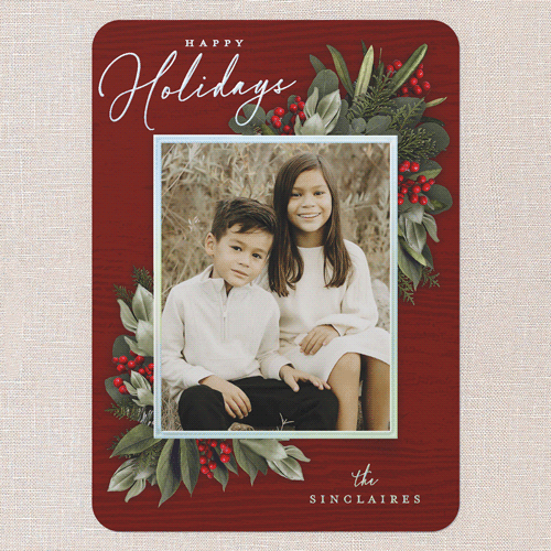 Golden Botanical Holiday Card, Red, Iridescent Foil, 5x7, Holiday, Matte, Personalized Foil Cardstock, Rounded, Red