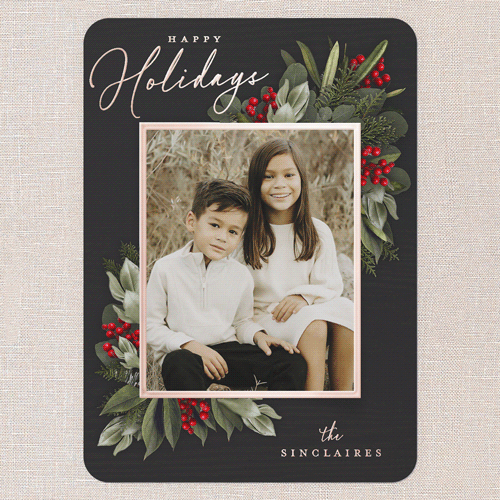 Golden Botanical Holiday Card, Black, Rose Gold Foil, 5x7, Holiday, Matte, Personalized Foil Cardstock, Rounded, Black