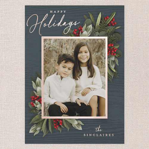 Golden Botanical Holiday Card, Blue, Rose Gold Foil, 5x7, Holiday, Matte, Personalized Foil Cardstock, Square, Blue