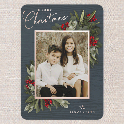 Golden Botanical Holiday Card, Blue, Rose Gold Foil, 5x7, Christmas, Matte, Personalized Foil Cardstock, Rounded, Blue