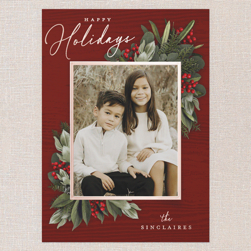 Golden Botanical Holiday Card, Red, Rose Gold Foil, 5x7, Holiday, Matte, Personalized Foil Cardstock, Square, Red