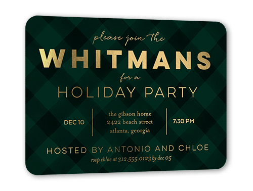Plaid Party Holiday Invitation Card, Gold Foil, Green, 5x7, Matte, Personalized Foil Cardstock, Rounded